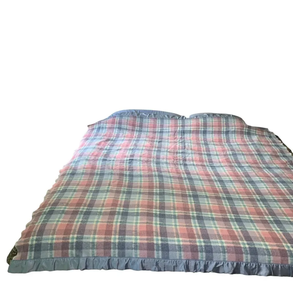 Vintage Faribo Plaid Blue Pink Pastel Wool Blend Blanket USA Satin Edge 80x74.5